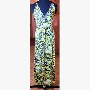 What's Hot Maxi Dress M Lime Green Black Halter Neck Tie Y2K Bold Coastal Beachy